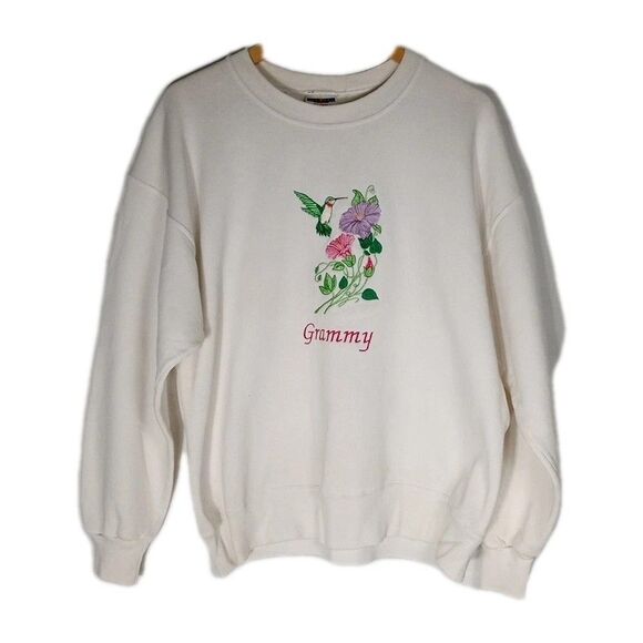 Vtg Jerzees Womens Sweatshirt Embroidered Hummingbird Flowers White Sz L Granny - Picture 1 of 6